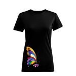 Γυναικείο μαύρο t-shirt με πολύχρωμη πεταλούδα πάνω σε ροζ λουλούδι